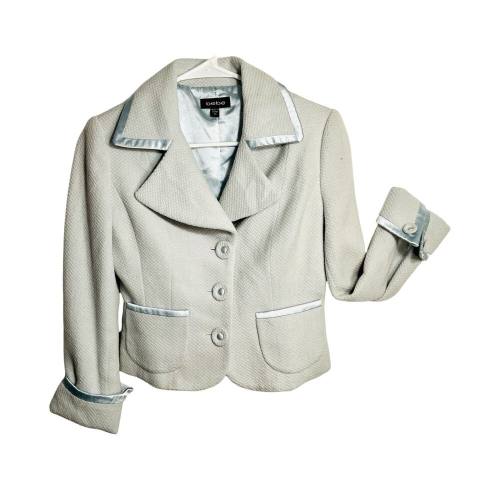Bebe Jacket Womens Size XS Blue Wool Angora Cropped Blazer Tailored Satin Trim